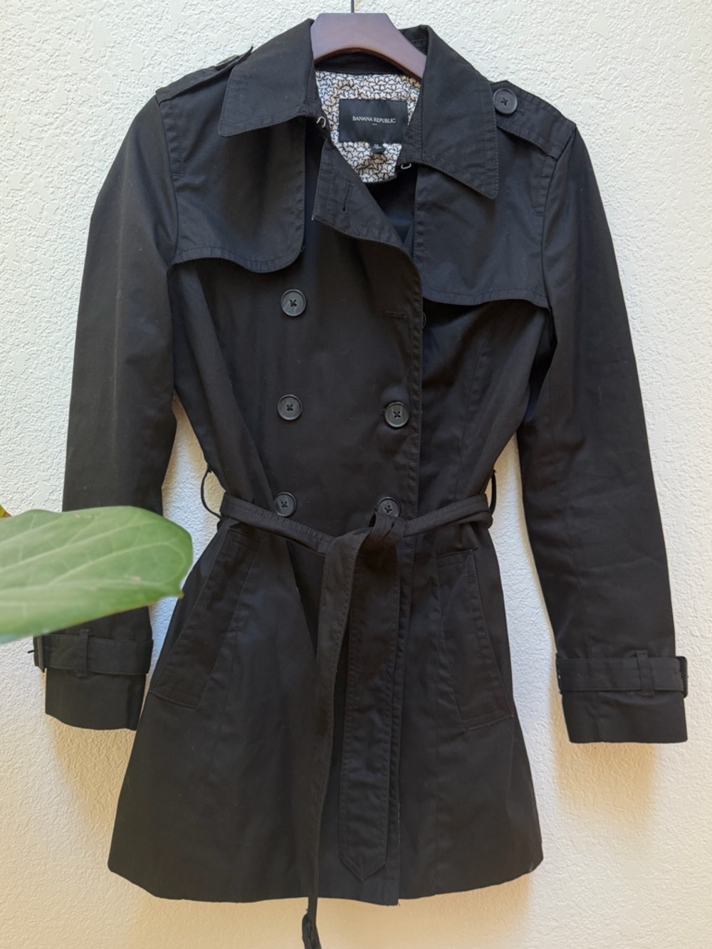 Banana Republic Black Belted Trench Coat Classic Double Breasted Size Medium